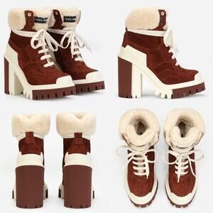 New Dolce & Gabbana Trekking Shearling Biker Ankle Boots in Burnt Brown/Neutral